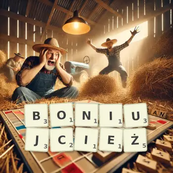 Kreatywna ilustracja do gry w Scrabble ze słowem BONIUJCIEŻ ułożonym z płytek na planszy.