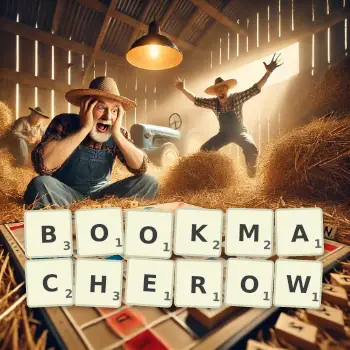 Kreatywna ilustracja do gry w Scrabble ze słowem BOOKMACHEROW ułożonym z płytek na planszy.