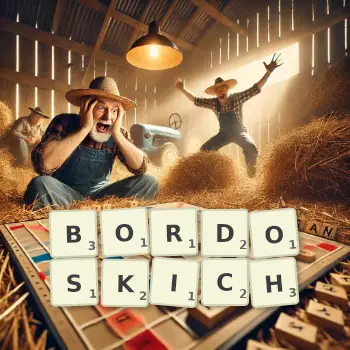 Kreatywna ilustracja do gry w Scrabble ze słowem BORDOSKICH ułożonym z płytek na planszy.