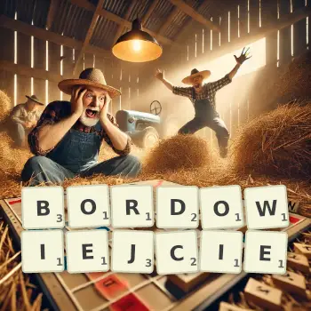 Kreatywna ilustracja do gry w Scrabble ze słowem BORDOWIEJCIE ułożonym z płytek na planszy.