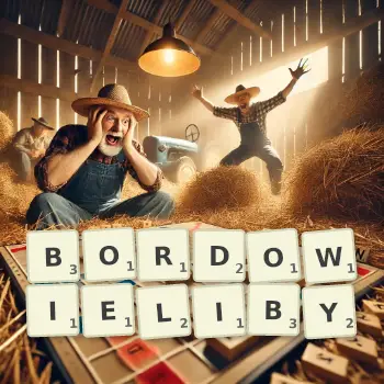 Kreatywna ilustracja do gry w Scrabble ze słowem BORDOWIELIBY ułożonym z płytek na planszy.