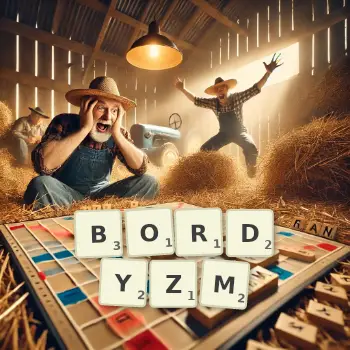 Kreatywna ilustracja do gry w Scrabble ze słowem BORDYZM ułożonym z płytek na planszy.