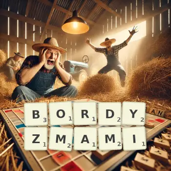 Kreatywna ilustracja do gry w Scrabble ze słowem BORDYZMAMI ułożonym z płytek na planszy.