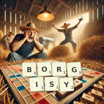 Kreatywna ilustracja do gry w Scrabble ze słowem BORGISY ułożonym z płytek na planszy.