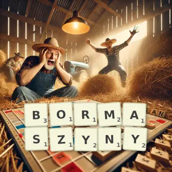 Kreatywna ilustracja do gry w Scrabble ze słowem BORMASZYNY ułożonym z płytek na planszy.