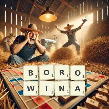 Kreatywna ilustracja do gry w Scrabble ze słowem BOROWINA ułożonym z płytek na planszy.