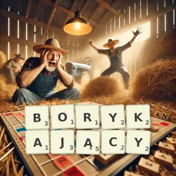 Kreatywna ilustracja do gry w Scrabble ze słowem BORYKAJĄCY ułożonym z płytek na planszy.