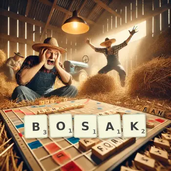 Kreatywna ilustracja do gry w Scrabble ze słowem BOSAK ułożonym z płytek na planszy.