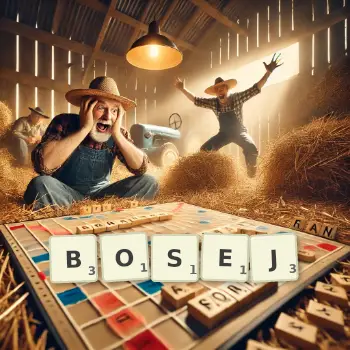 Kreatywna ilustracja do gry w Scrabble ze słowem BOSEJ ułożonym z płytek na planszy.