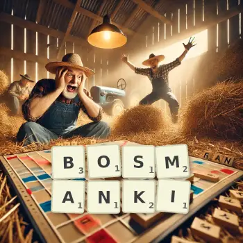 Kreatywna ilustracja do gry w Scrabble ze słowem BOSMANKI ułożonym z płytek na planszy.