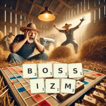 Kreatywna ilustracja do gry w Scrabble ze słowem BOSSIZM ułożonym z płytek na planszy.