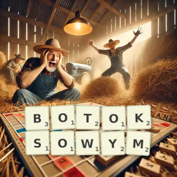 Kreatywna ilustracja do gry w Scrabble ze słowem BOTOKSOWYM ułożonym z płytek na planszy.