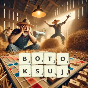 Kreatywna ilustracja do gry w Scrabble ze słowem BOTOKSUJ ułożonym z płytek na planszy.