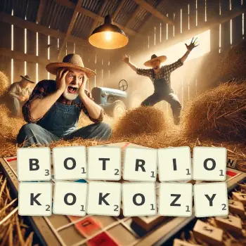 Kreatywna ilustracja do gry w Scrabble ze słowem BOTRIOKOKOZY ułożonym z płytek na planszy.