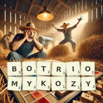 Kreatywna ilustracja do gry w Scrabble ze słowem BOTRIOMYKOZY ułożonym z płytek na planszy.