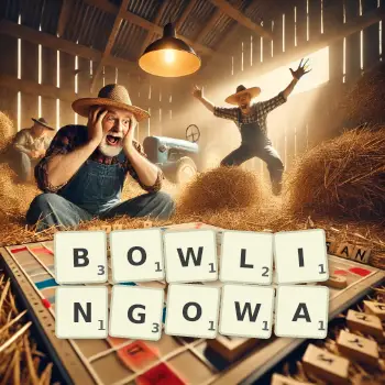 Kreatywna ilustracja do gry w Scrabble ze słowem BOWLINGOWA ułożonym z płytek na planszy.