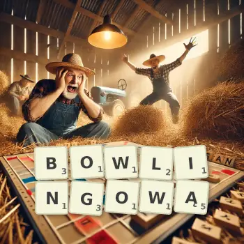 Kreatywna ilustracja do gry w Scrabble ze słowem BOWLINGOWĄ ułożonym z płytek na planszy.