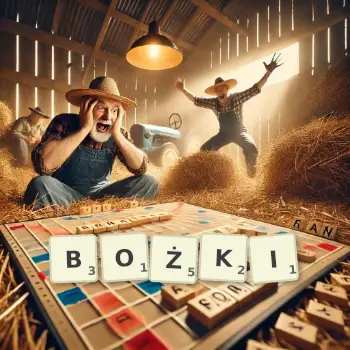 Kreatywna ilustracja do gry w Scrabble ze słowem BOŻKI ułożonym z płytek na planszy.