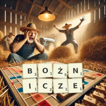 Kreatywna ilustracja do gry w Scrabble ze słowem BOŻNICZE ułożonym z płytek na planszy.