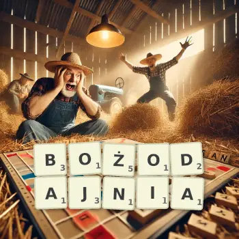 Kreatywna ilustracja do gry w Scrabble ze słowem BOŻODAJNIA ułożonym z płytek na planszy.