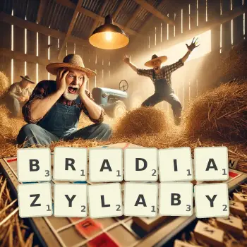 Kreatywna ilustracja do gry w Scrabble ze słowem BRADIAZYLABY ułożonym z płytek na planszy.
