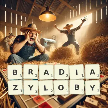 Kreatywna ilustracja do gry w Scrabble ze słowem BRADIAZYLOBY ułożonym z płytek na planszy.