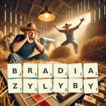 Kreatywna ilustracja do gry w Scrabble ze słowem BRADIAZYLYBY ułożonym z płytek na planszy.