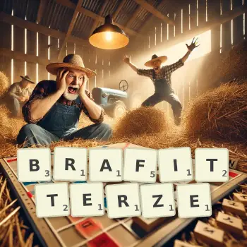 Kreatywna ilustracja do gry w Scrabble ze słowem BRAFITTERZE ułożonym z płytek na planszy.