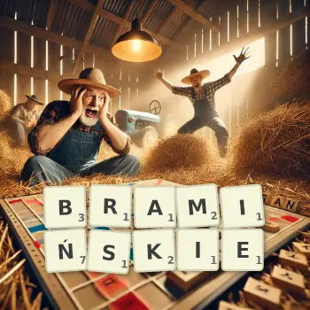 Kreatywna ilustracja do gry w Scrabble ze słowem BRAMIŃSKIE ułożonym z płytek na planszy.
