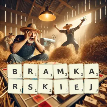 Kreatywna ilustracja do gry w Scrabble ze słowem BRAMKARSKIEJ ułożonym z płytek na planszy.