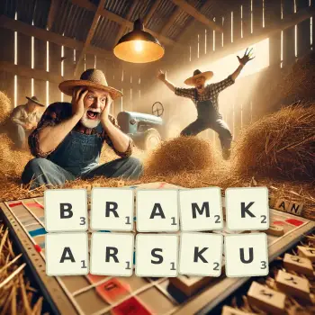 Kreatywna ilustracja do gry w Scrabble ze słowem BRAMKARSKU ułożonym z płytek na planszy.