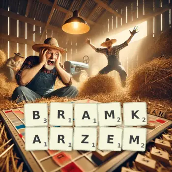 Kreatywna ilustracja do gry w Scrabble ze słowem BRAMKARZEM ułożonym z płytek na planszy.