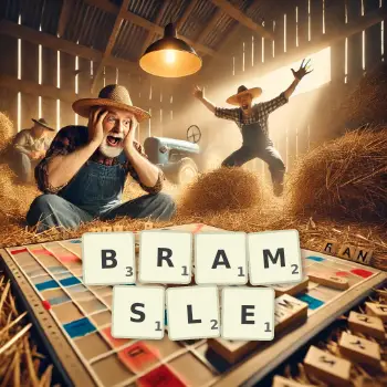 Kreatywna ilustracja do gry w Scrabble ze słowem BRAMSLE ułożonym z płytek na planszy.