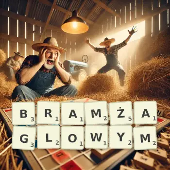 Kreatywna ilustracja do gry w Scrabble ze słowem BRAMŻAGLOWYM ułożonym z płytek na planszy.