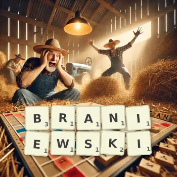 Kreatywna ilustracja do gry w Scrabble ze słowem BRANIEWSKI ułożonym z płytek na planszy.