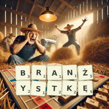 Kreatywna ilustracja do gry w Scrabble ze słowem BRANŻYSTKĘ ułożonym z płytek na planszy.