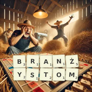 Kreatywna ilustracja do gry w Scrabble ze słowem BRANŻYSTOM ułożonym z płytek na planszy.