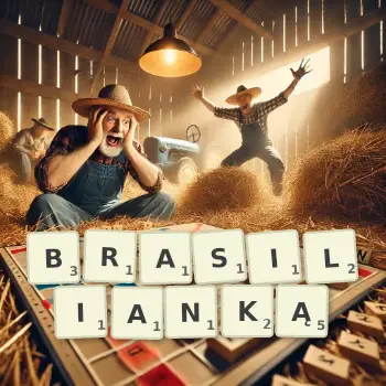 Kreatywna ilustracja do gry w Scrabble ze słowem BRASILIANKĄ ułożonym z płytek na planszy.
