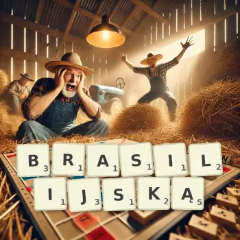 Kreatywna ilustracja do gry w Scrabble ze słowem BRASILIJSKĄ ułożonym z płytek na planszy.