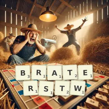 Kreatywna ilustracja do gry w Scrabble ze słowem BRATERSTW ułożonym z płytek na planszy.