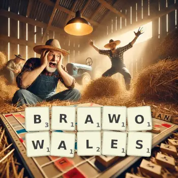 Kreatywna ilustracja do gry w Scrabble ze słowem BRAWOWALES ułożonym z płytek na planszy.