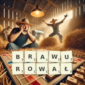 Kreatywna ilustracja do gry w Scrabble ze słowem BRAWUROWAŁ ułożonym z płytek na planszy.