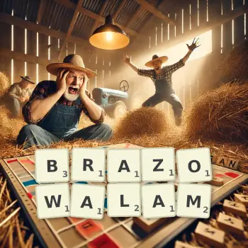 Kreatywna ilustracja do gry w Scrabble ze słowem BRAZOWALAM ułożonym z płytek na planszy.