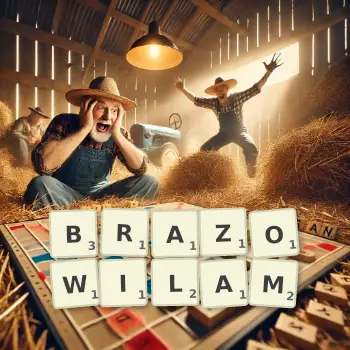 Kreatywna ilustracja do gry w Scrabble ze słowem BRAZOWILAM ułożonym z płytek na planszy.
