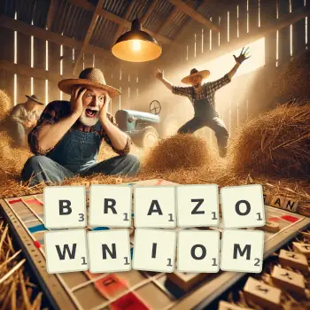 Kreatywna ilustracja do gry w Scrabble ze słowem BRAZOWNIOM ułożonym z płytek na planszy.