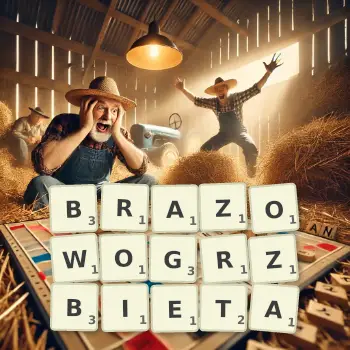 Kreatywna ilustracja do gry w Scrabble ze słowem BRAZOWOGRZBIETA ułożonym z płytek na planszy.