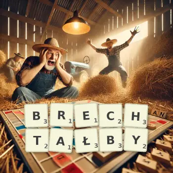 Kreatywna ilustracja do gry w Scrabble ze słowem BRECHTAŁBY ułożonym z płytek na planszy.