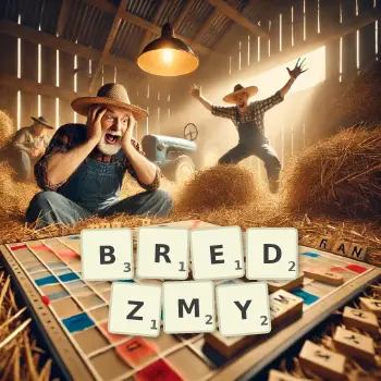 Kreatywna ilustracja do gry w Scrabble ze słowem BREDZMY ułożonym z płytek na planszy.