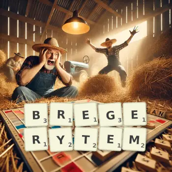 Kreatywna ilustracja do gry w Scrabble ze słowem BREGERYTEM ułożonym z płytek na planszy.
