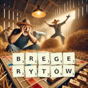 Kreatywna ilustracja do gry w Scrabble ze słowem BREGERYTÓW ułożonym z płytek na planszy.